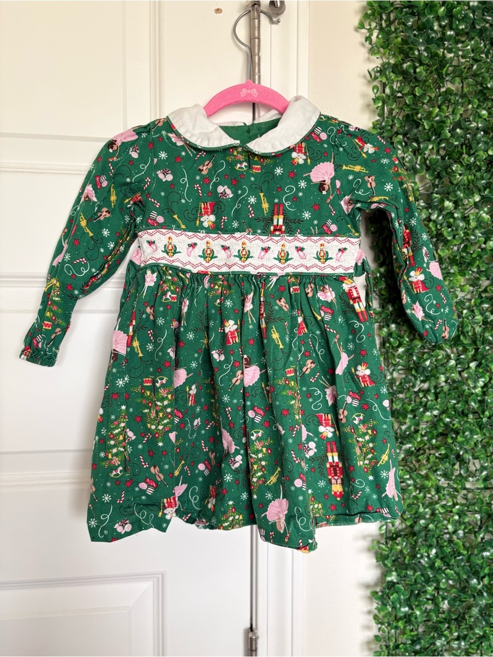Bonnie Jean Green Nutcracker Smocked Holiday Dress with White Collar